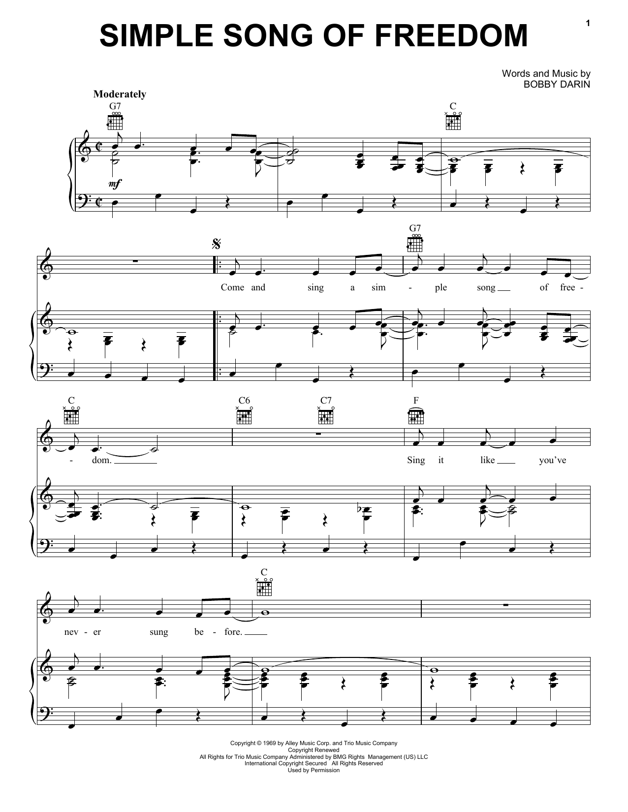 Download Bobby Darin Simple Song Of Freedom Sheet Music and learn how to play Piano, Vocal & Guitar (Right-Hand Melody) PDF digital score in minutes