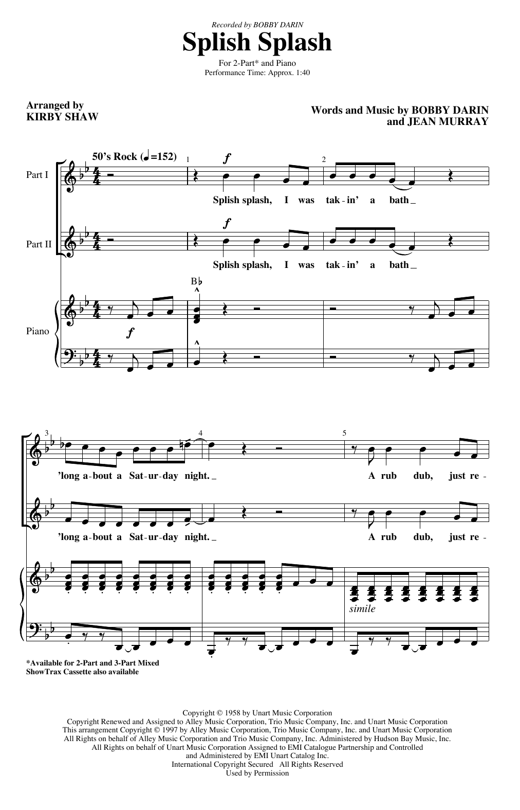 Download Bobby Darin Splish Splash (arr. Kirby Shaw) Sheet Music and learn how to play 2-Part Choir PDF digital score in minutes