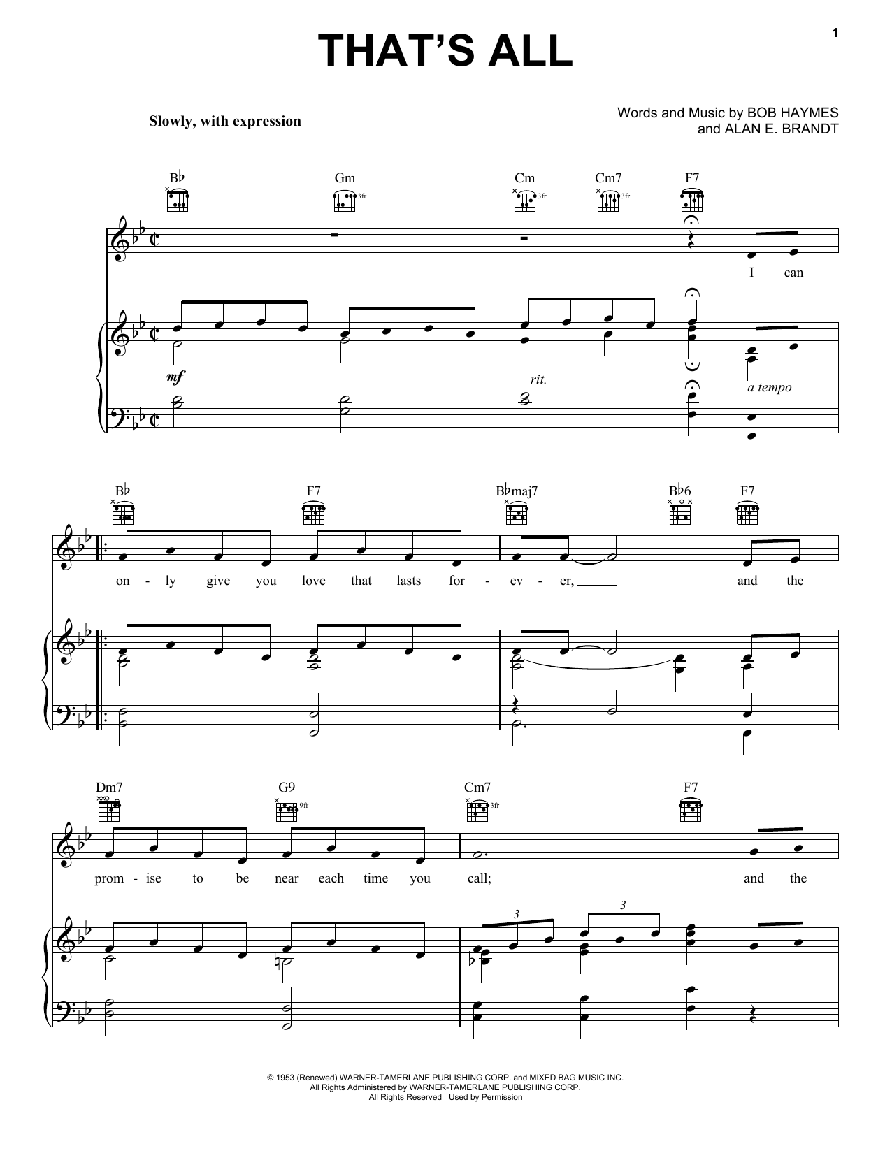 Download Bobby Darin That's All Sheet Music and learn how to play Piano, Vocal & Guitar (Right-Hand Melody) PDF digital score in minutes