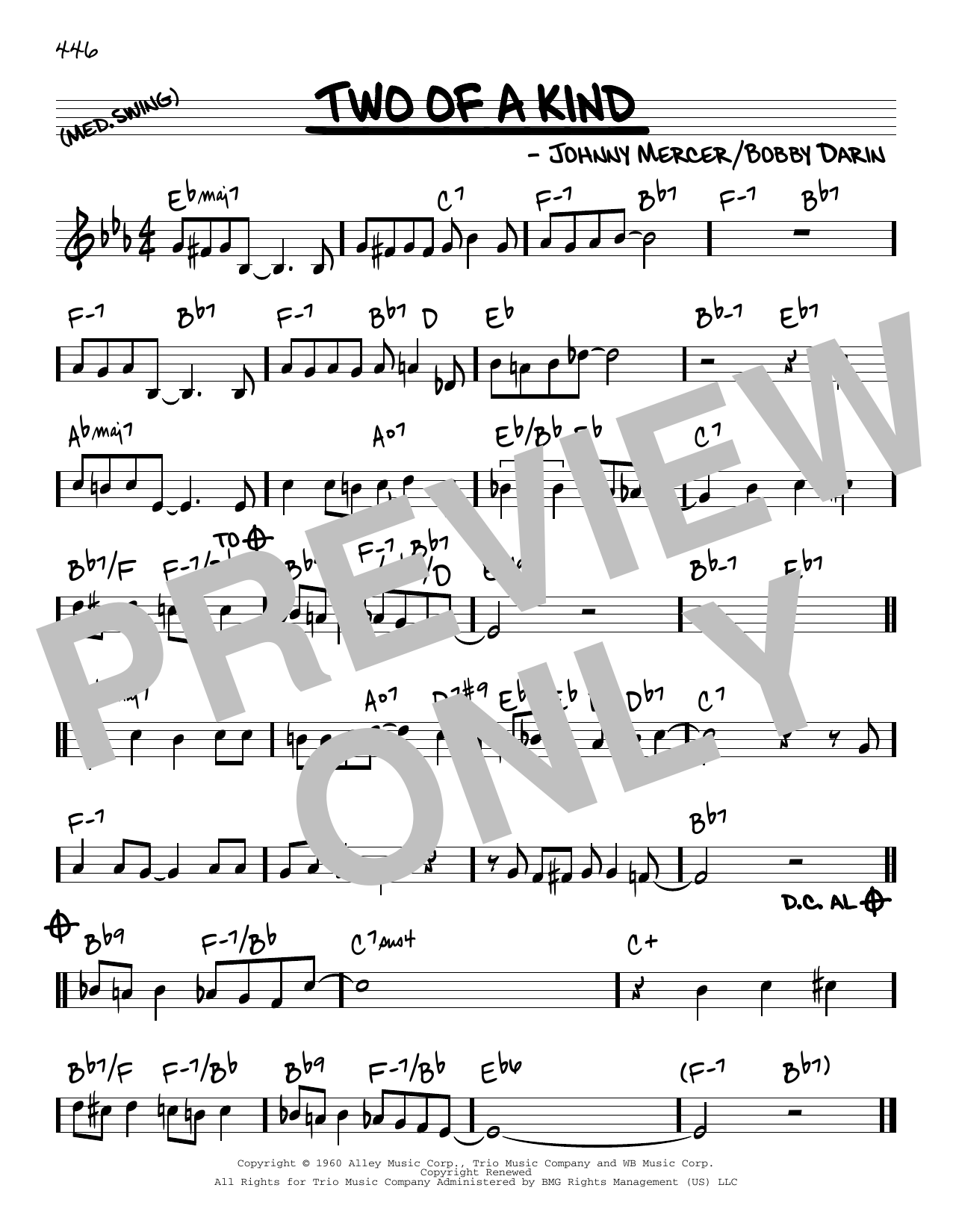 Download Bobby Darin Two Of A Kind Sheet Music and learn how to play Real Book – Melody & Chords PDF digital score in minutes