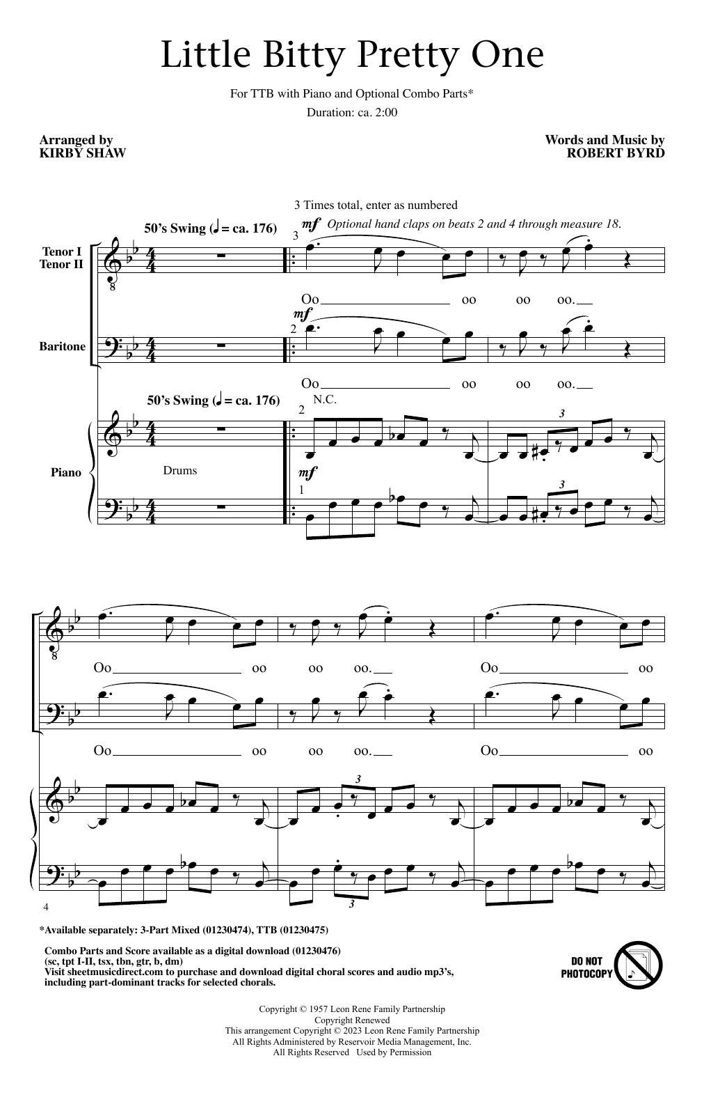 Download Bobby Day Little Bitty Pretty One (arr. Kirby Shaw) Sheet Music and learn how to play 3-Part Mixed Choir PDF digital score in minutes