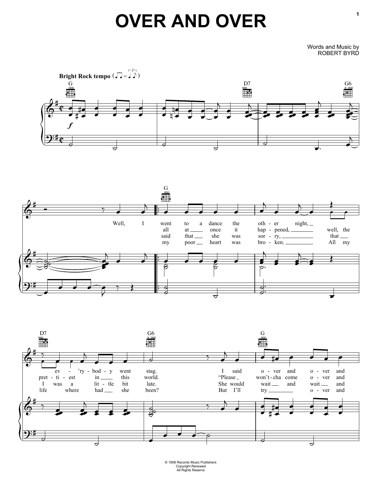 Download Bobby Day Over And Over Sheet Music and learn how to play Piano, Vocal & Guitar Chords (Right-Hand Melody) PDF digital score in minutes