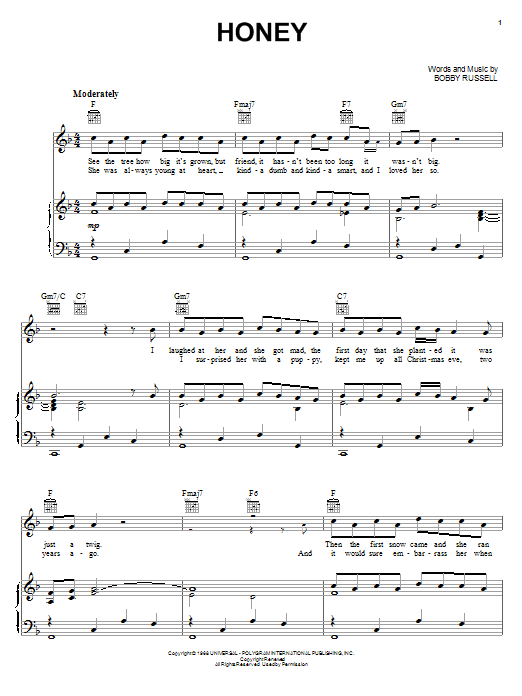 Download Bobby Goldsboro Honey Sheet Music and learn how to play Piano, Vocal & Guitar (Right-Hand Melody) PDF digital score in minutes