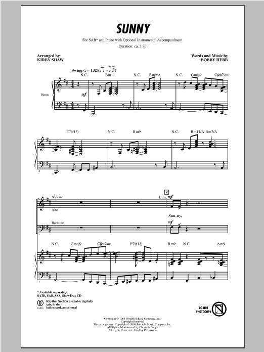Download Bobby Hebb Sunny (arr. Kirby Shaw) Sheet Music and learn how to play SATB PDF digital score in minutes