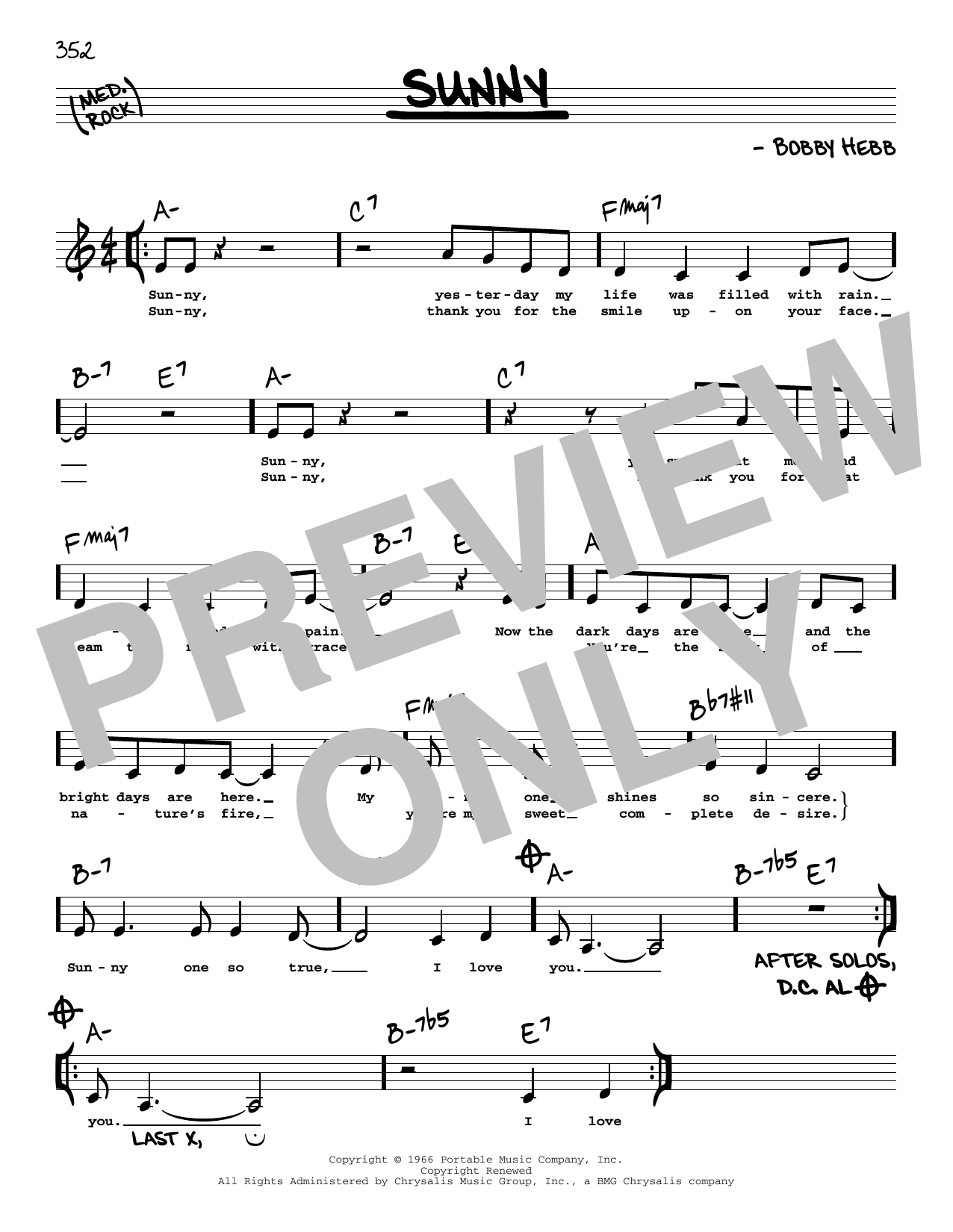 Download Bobby Hebb Sunny (Low Voice) Sheet Music and learn how to play Real Book – Melody, Lyrics & Chords PDF digital score in minutes