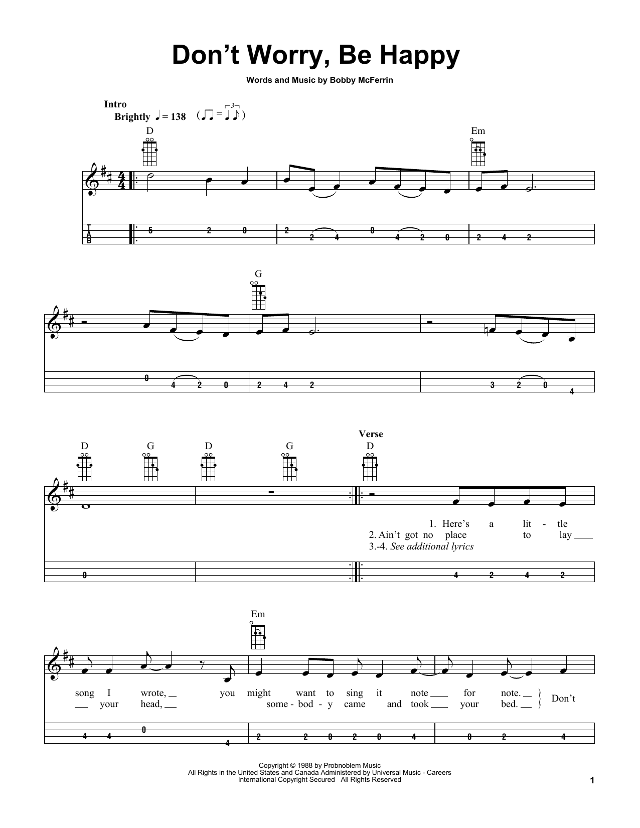 Download Bobby McFerrin Don't Worry, Be Happy (arr. Bobby Westfall) Sheet Music and learn how to play Mandolin PDF digital score in minutes