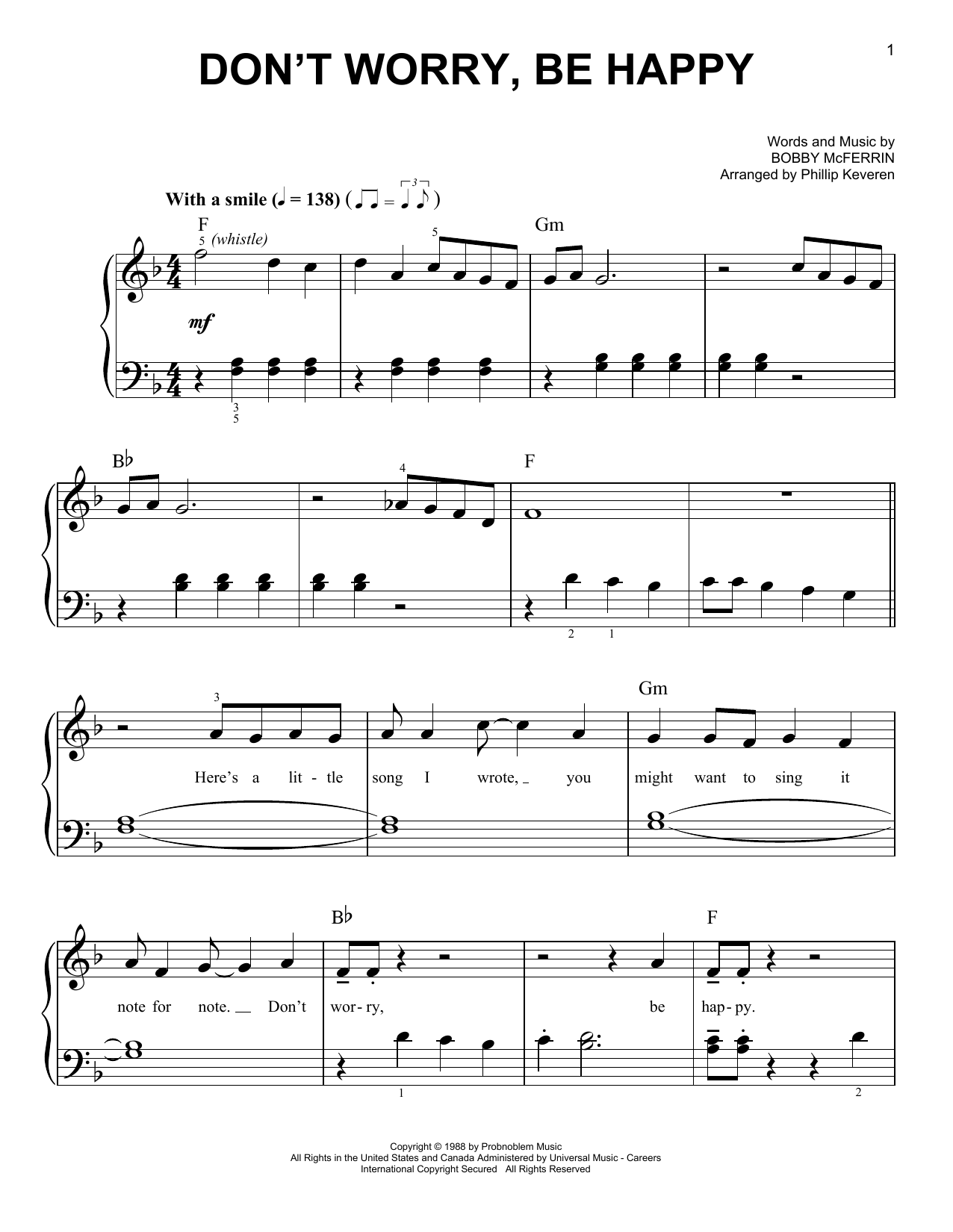 Download Bobby McFerrin Don't Worry, Be Happy Sheet Music and learn how to play Easy Piano PDF digital score in minutes