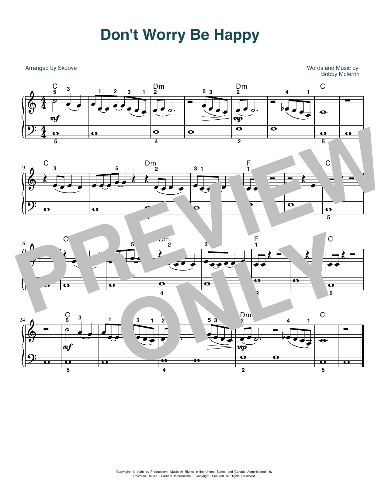 Download Bobby McFerrin Don't Worry, Be Happy (arr. Skoove) Sheet Music and learn how to play Beginner Piano (Abridged) PDF digital score in minutes