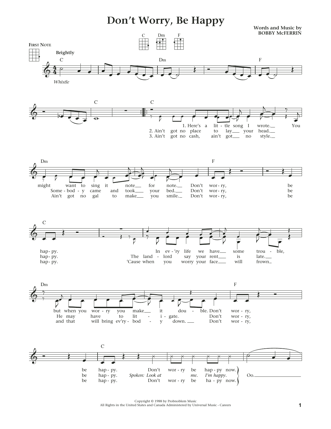 Download Bobby McFerrin Don't Worry, Be Happy Sheet Music and learn how to play Ukulele PDF digital score in minutes