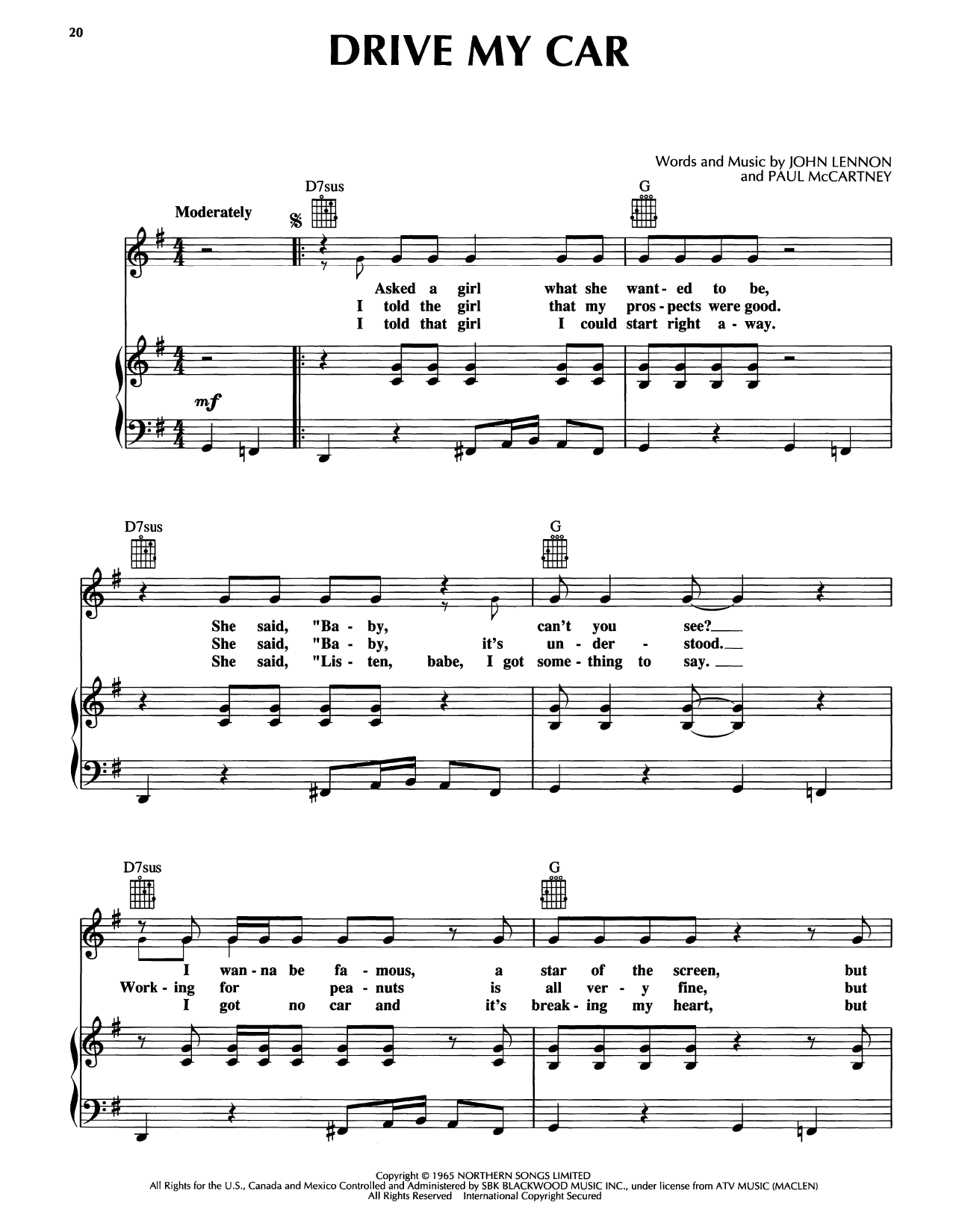 Download Bobby McFerrin Drive My Car Sheet Music and learn how to play Piano, Vocal & Guitar Chords (Right-Hand Melody) PDF digital score in minutes