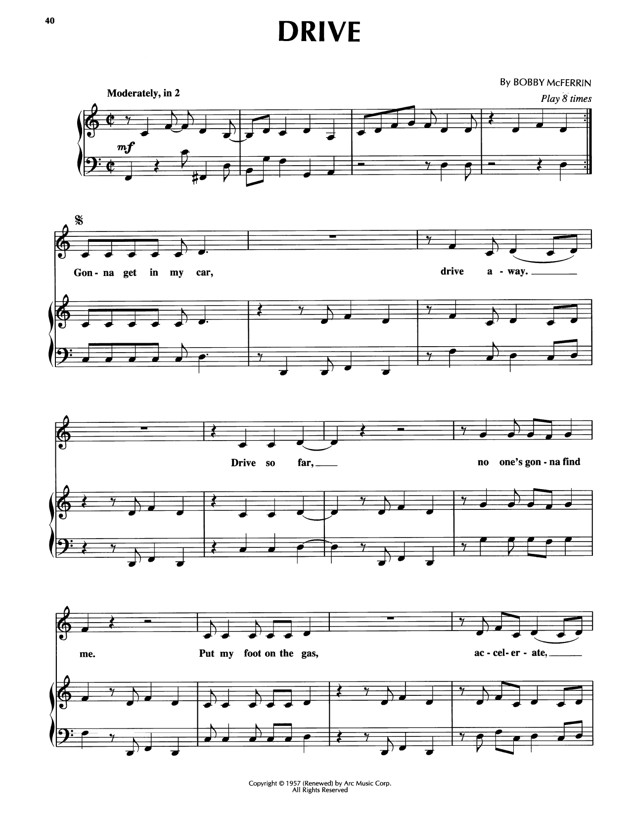 Download Bobby McFerrin Drive Sheet Music and learn how to play Piano, Vocal & Guitar Chords (Right-Hand Melody) PDF digital score in minutes