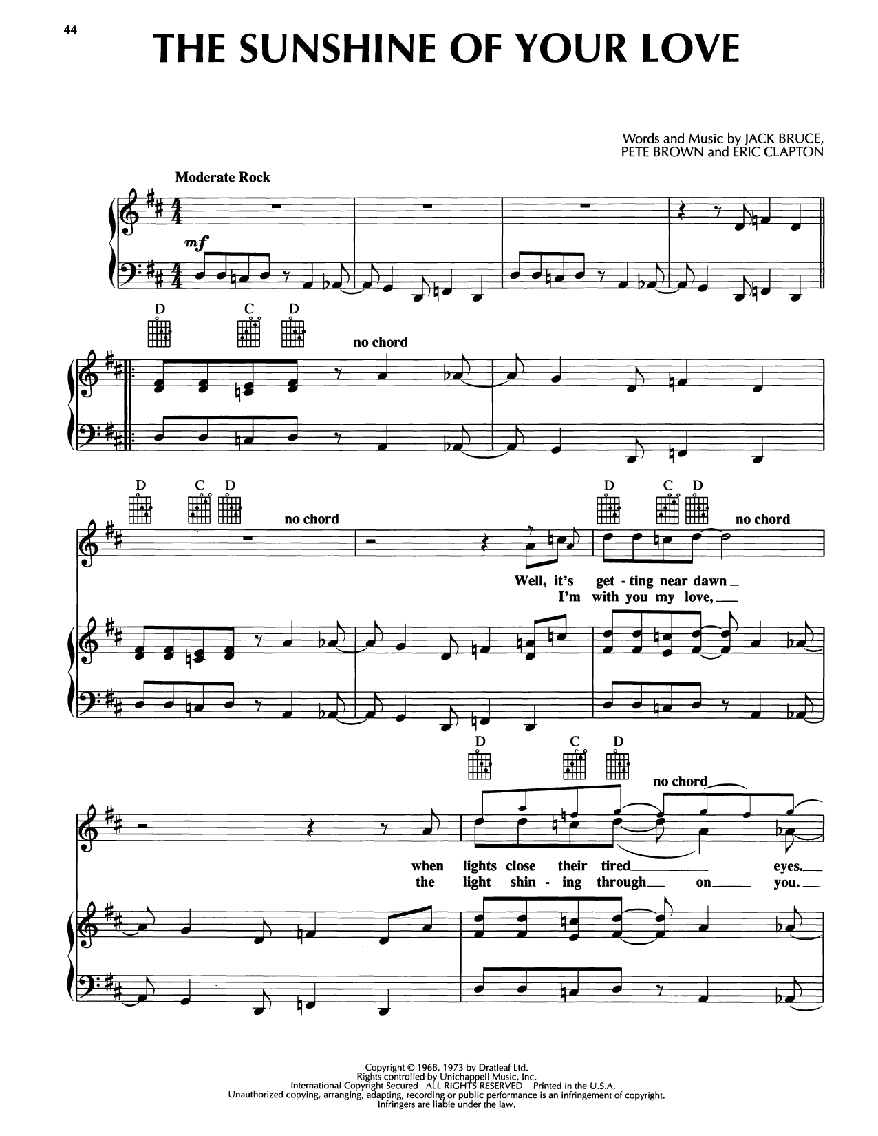 Download Bobby McFerrin Sunshine Of Your Love Sheet Music and learn how to play Piano, Vocal & Guitar Chords (Right-Hand Melody) PDF digital score in minutes