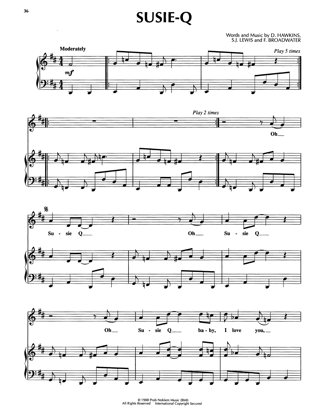 Download Bobby McFerrin Susie-Q Sheet Music and learn how to play Piano, Vocal & Guitar Chords (Right-Hand Melody) PDF digital score in minutes