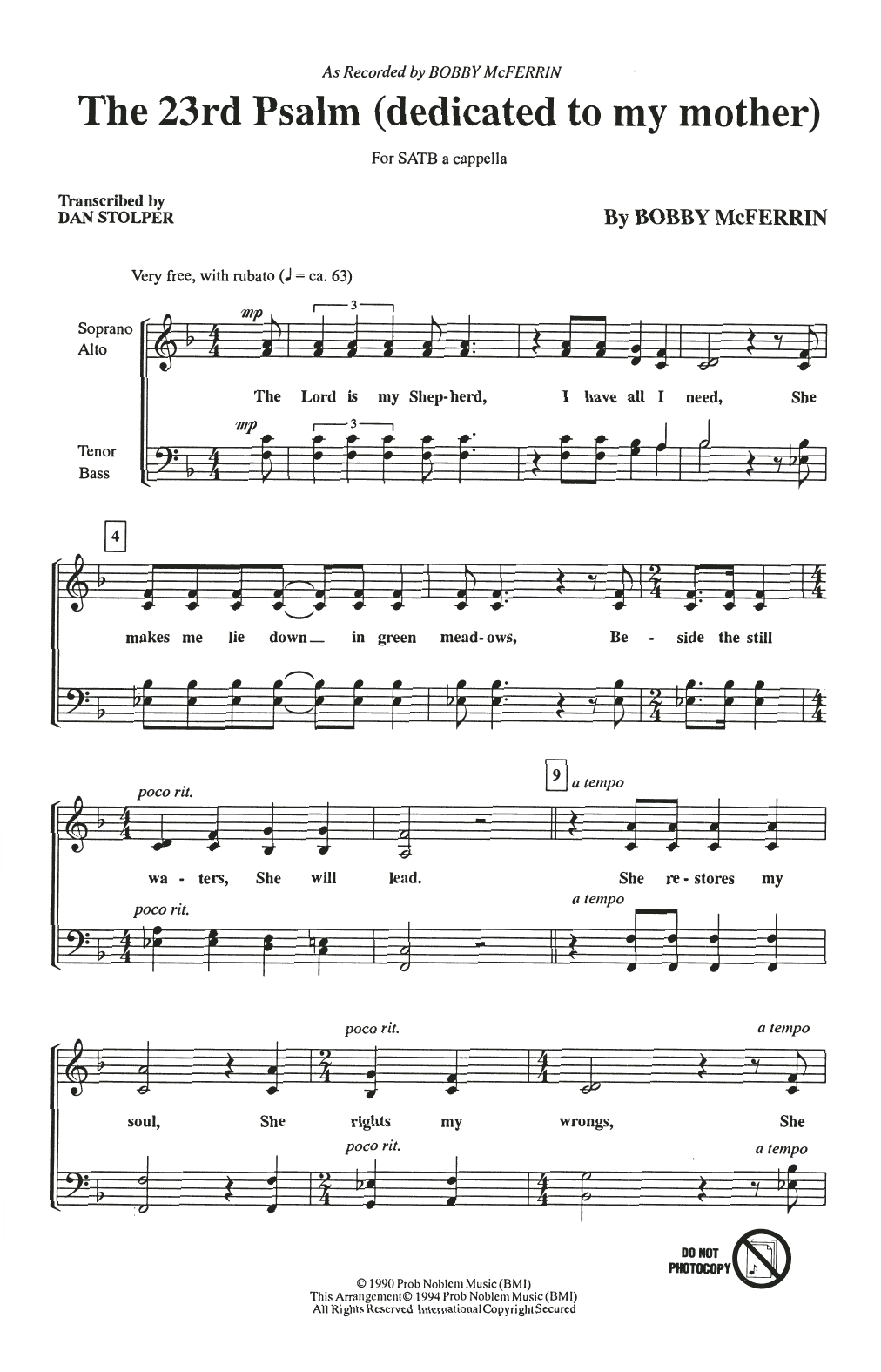 Download Bobby McFerrin The 23rd Psalm (Dedicated To My Mother) Sheet Music and learn how to play SATB Choir PDF digital score in minutes