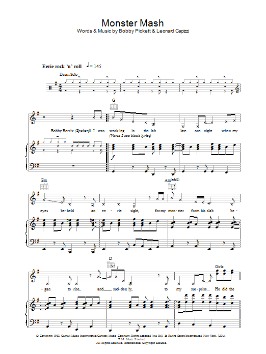 Download Bobby 'Boris' Pickett Monster Mash Sheet Music and learn how to play Piano, Vocal & Guitar PDF digital score in minutes