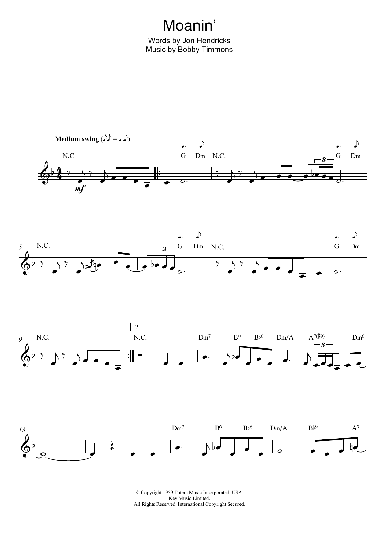 Download Bobby Timmons Moanin' Sheet Music and learn how to play Melody Line, Lyrics & Chords PDF digital score in minutes