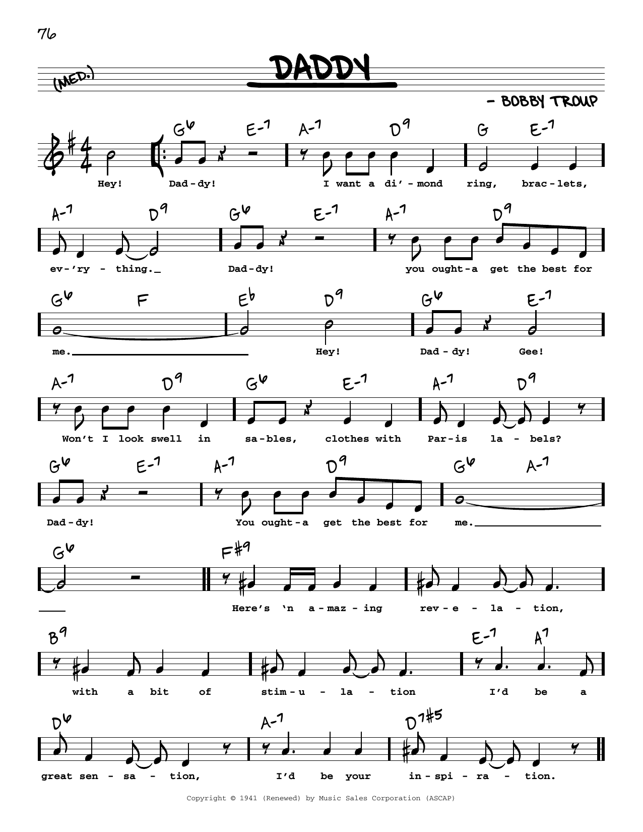 Download Bobby Troup Daddy (Low Voice) Sheet Music and learn how to play Real Book – Melody, Lyrics & Chords PDF digital score in minutes