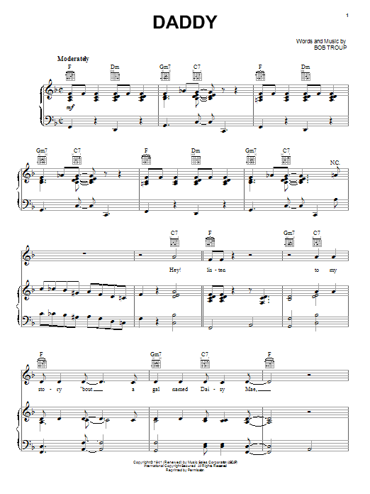 Download Bobby Troup Daddy Sheet Music and learn how to play Melody Line, Lyrics & Chords PDF digital score in minutes