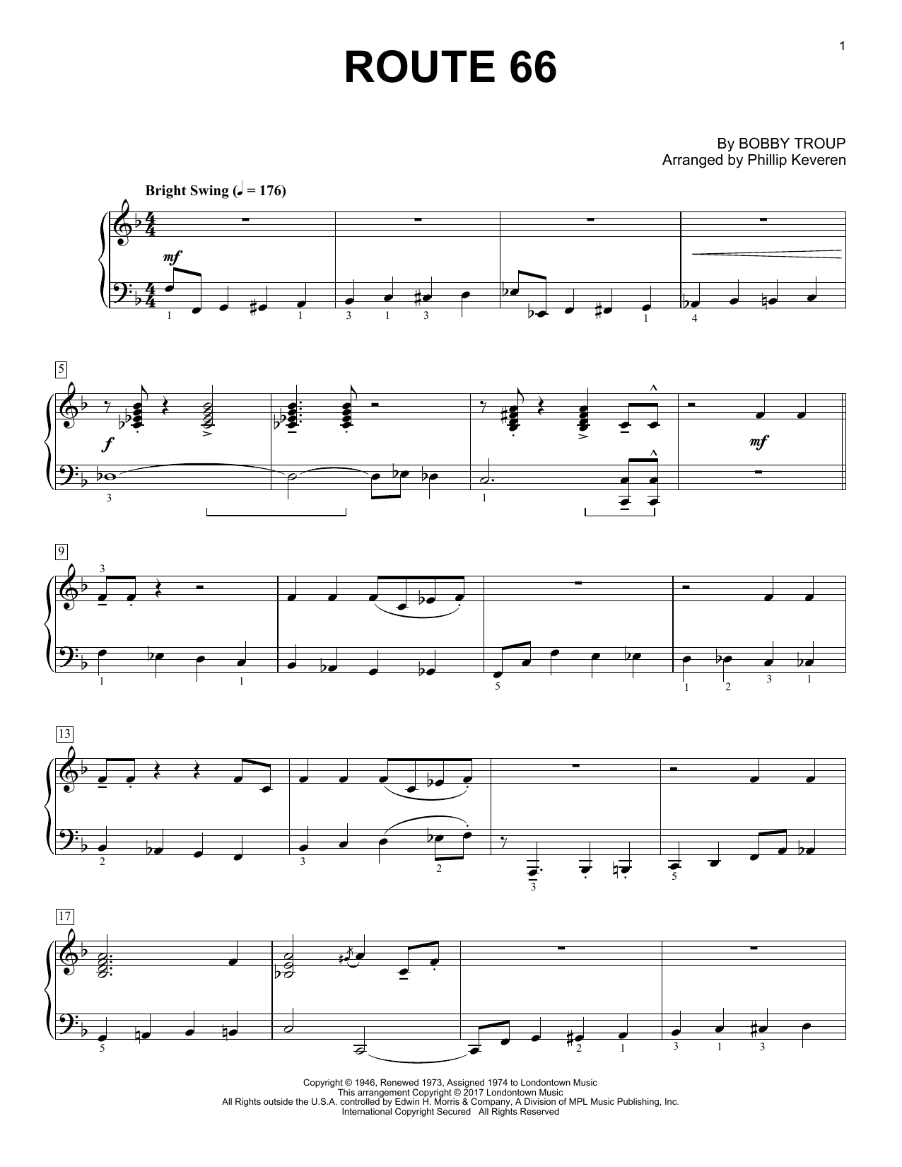 Download Bobby Troup Route 66 (arr. Phillip Keveren) Sheet Music and learn how to play Piano Solo PDF digital score in minutes