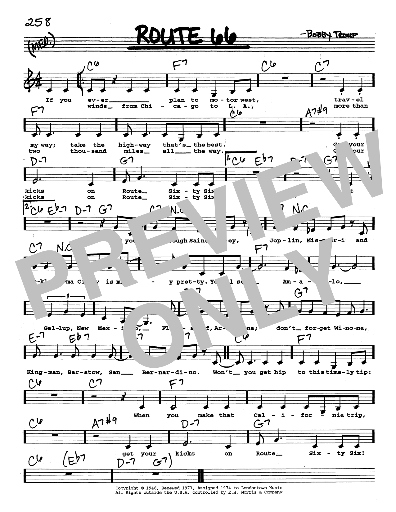 Download Bobby Troup Route 66 (Low Voice) Sheet Music and learn how to play Real Book – Melody, Lyrics & Chords PDF digital score in minutes