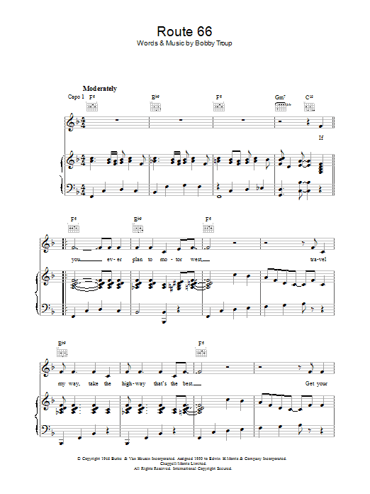 Download Bobby Troup Route 66 Sheet Music and learn how to play Piano, Vocal & Guitar (Right-Hand Melody) PDF digital score in minutes