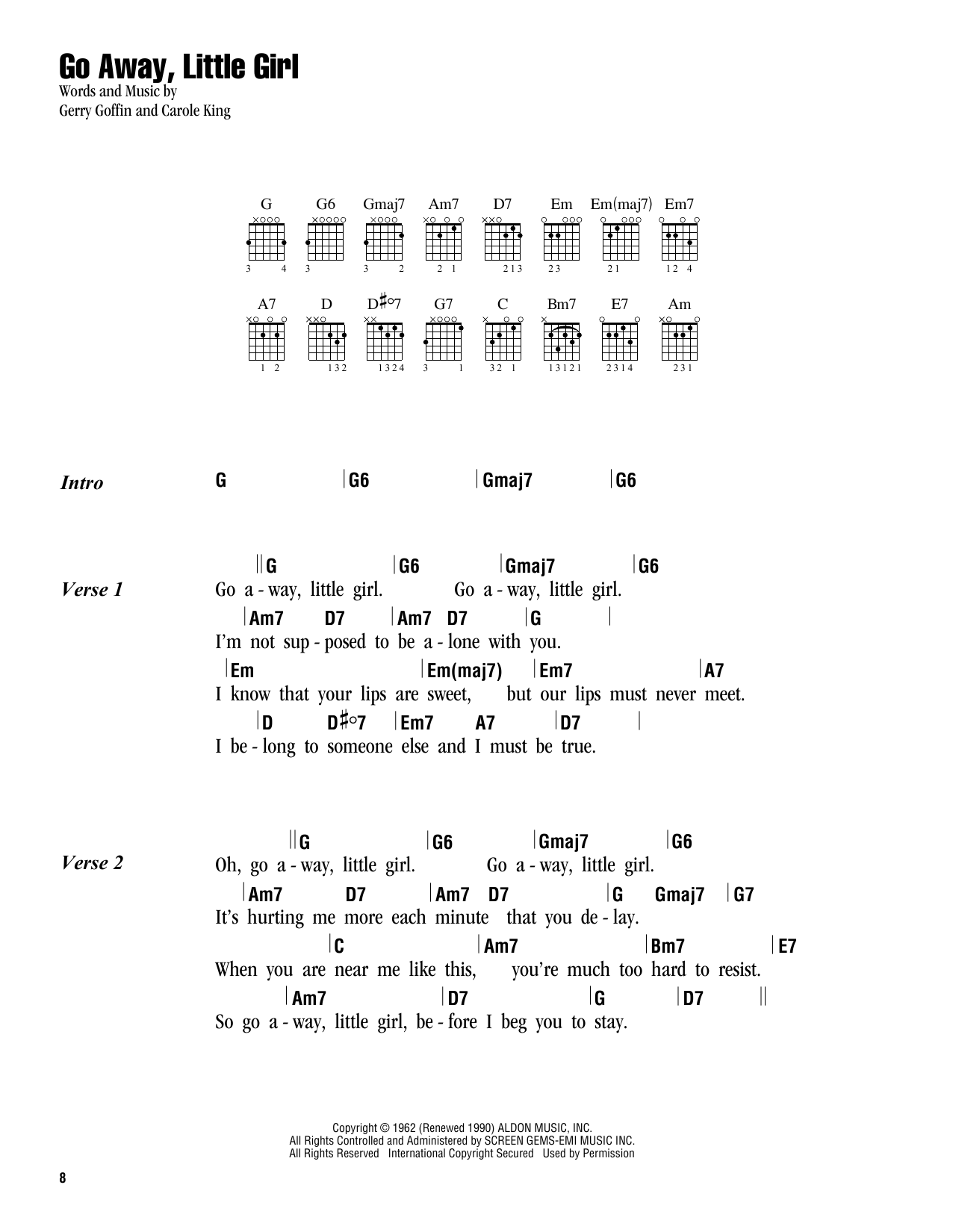 Download Carole King Go Away, Little Girl Sheet Music and learn how to play Lyrics & Chords PDF digital score in minutes