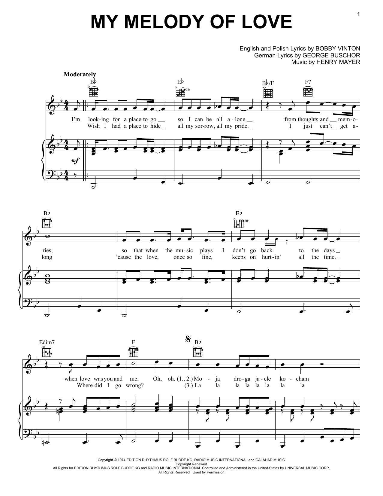 Download Bobby Vinton My Melody Of Love Sheet Music and learn how to play Piano, Vocal & Guitar (Right-Hand Melody) PDF digital score in minutes