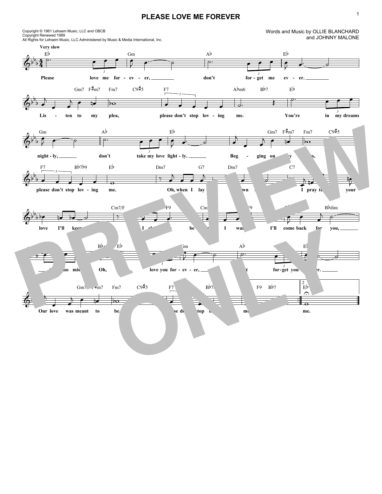 Download Bobby Vinton Please Love Me Forever Sheet Music and learn how to play Melody Line, Lyrics & Chords PDF digital score in minutes