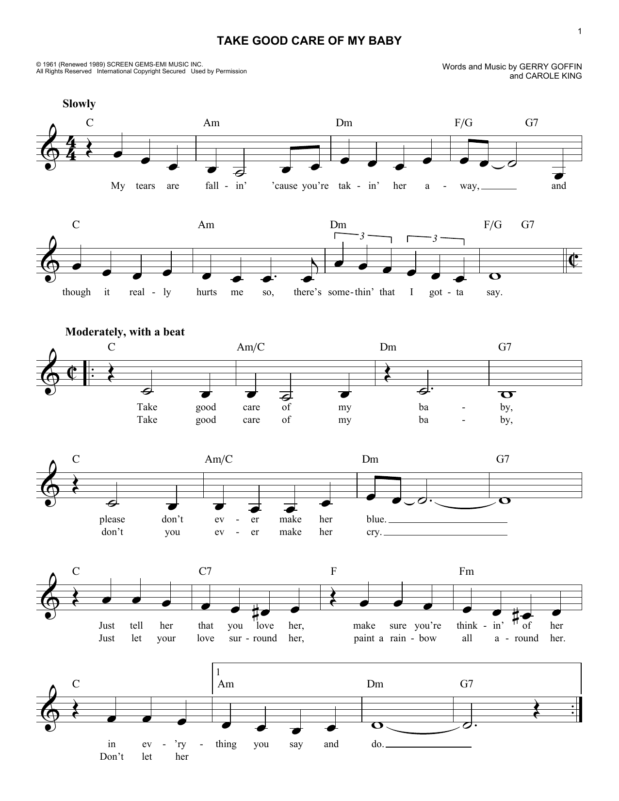 Download Bobby Vinton Take Good Care Of My Baby Sheet Music and learn how to play Melody Line, Lyrics & Chords PDF digital score in minutes