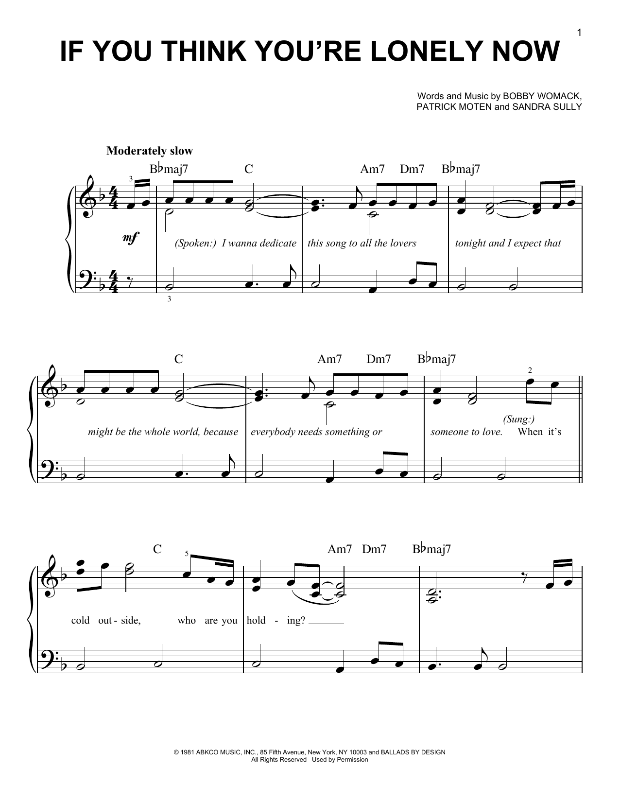 Download Bobby Womack If You Think You're Lonely Now Sheet Music and learn how to play Easy Piano PDF digital score in minutes