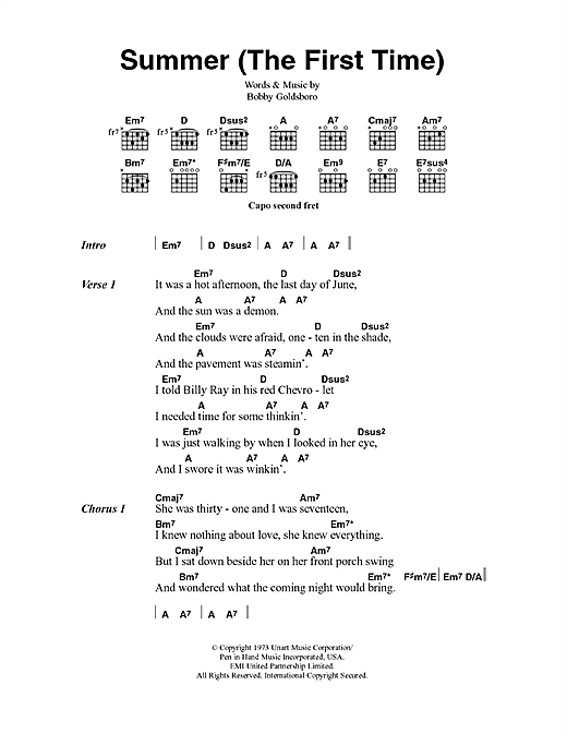 Download Bobby Goldsboro Summer (The First Time) Sheet Music and learn how to play Lyrics & Chords PDF digital score in minutes