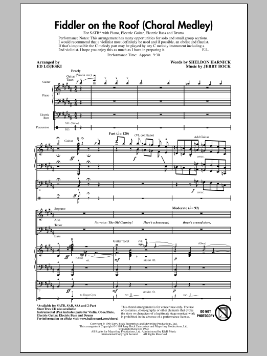 Download Bock & Harnick Fiddler On The Roof (Choral Medley) (arr. Ed Lojeski) Sheet Music and learn how to play SAB Choir PDF digital score in minutes