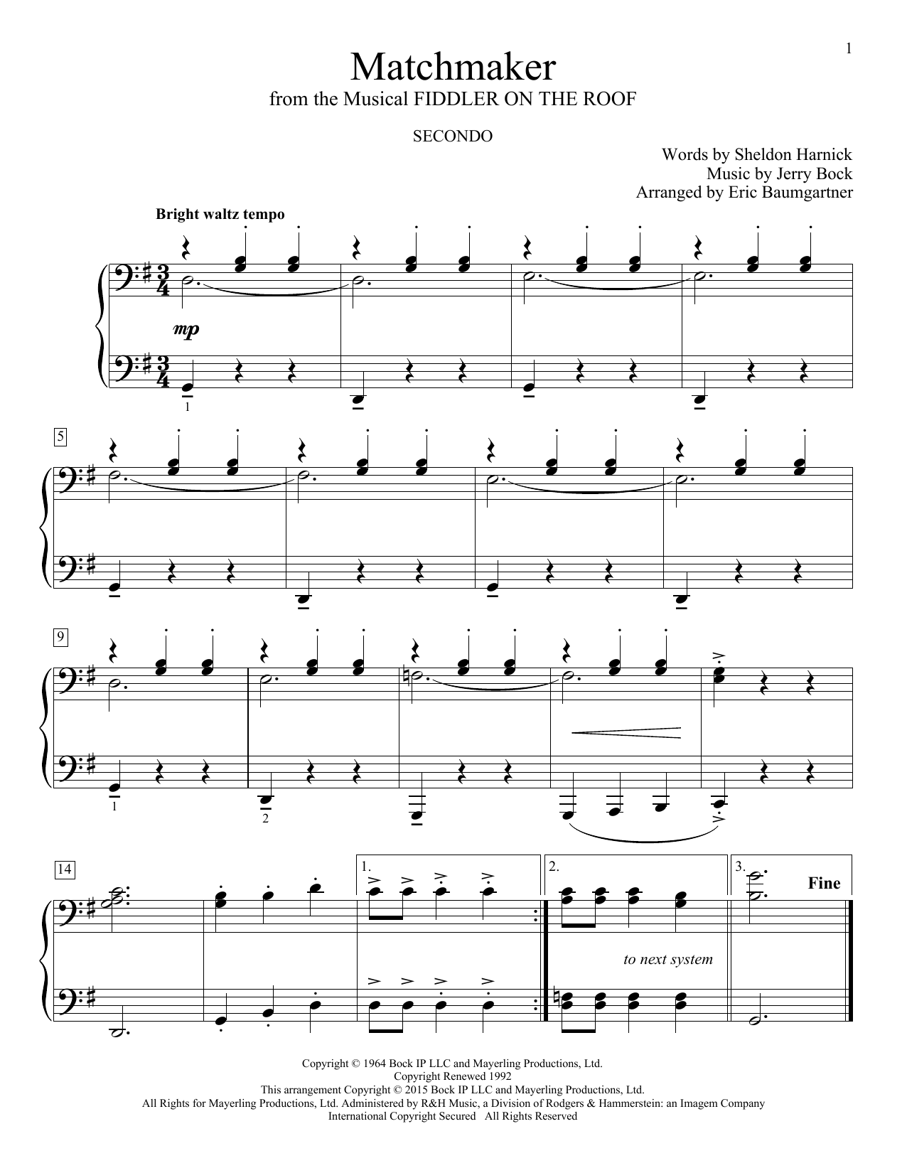 Download Bock & Harnick Matchmaker (from The Fiddler On The Roof) Sheet Music and learn how to play Piano Duet PDF digital score in minutes