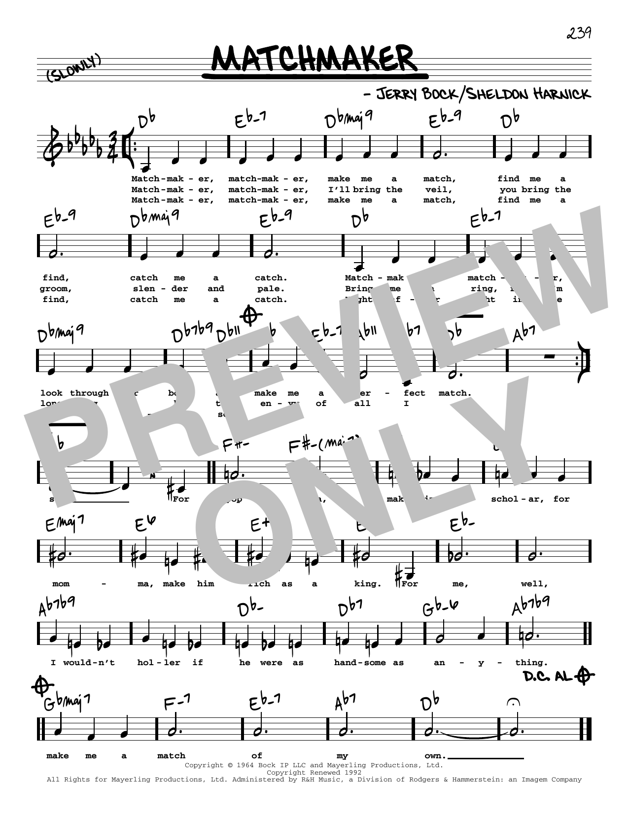 Download Bock & Harnick Matchmaker (Low Voice) (from Fiddler On The Roof) Sheet Music and learn how to play Real Book – Melody, Lyrics & Chords PDF digital score in minutes