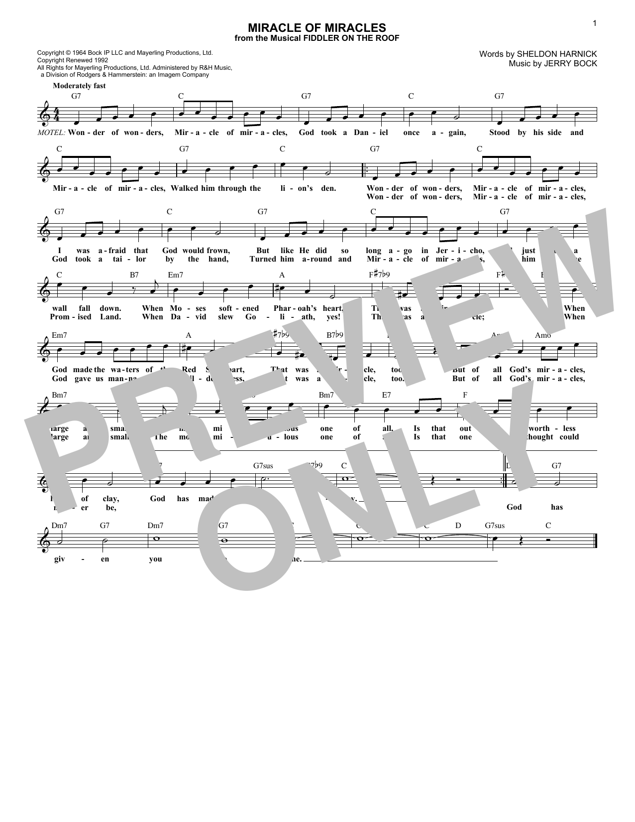 Download Bock & Harnick Miracle Of Miracles (from Fiddler On The Roof) Sheet Music and learn how to play Lead Sheet / Fake Book PDF digital score in minutes