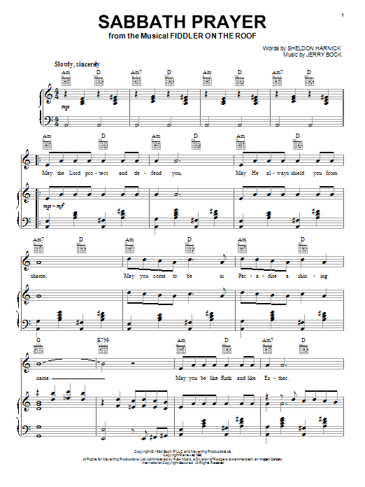 Download Bock & Harnick Sabbath Prayer Sheet Music and learn how to play Piano, Vocal & Guitar (Right-Hand Melody) PDF digital score in minutes