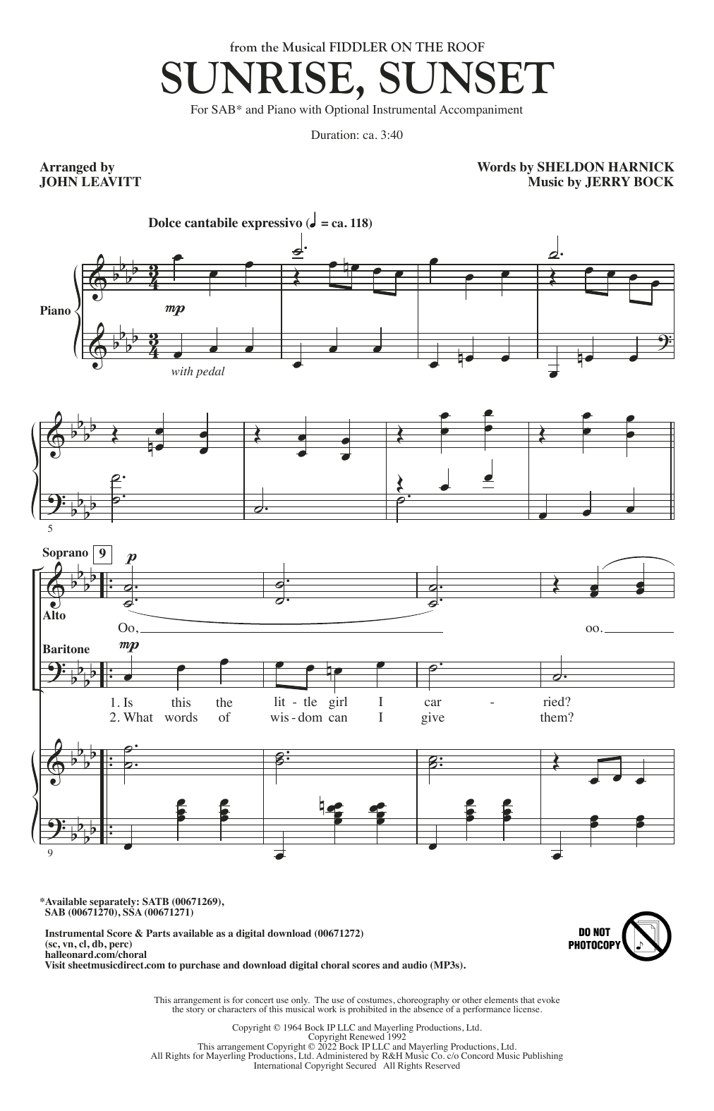 Download Bock & Harnick Sunrise, Sunset (from Fiddler On The Roof) (arr. John Leavitt) Sheet Music and learn how to play SAB Choir PDF digital score in minutes