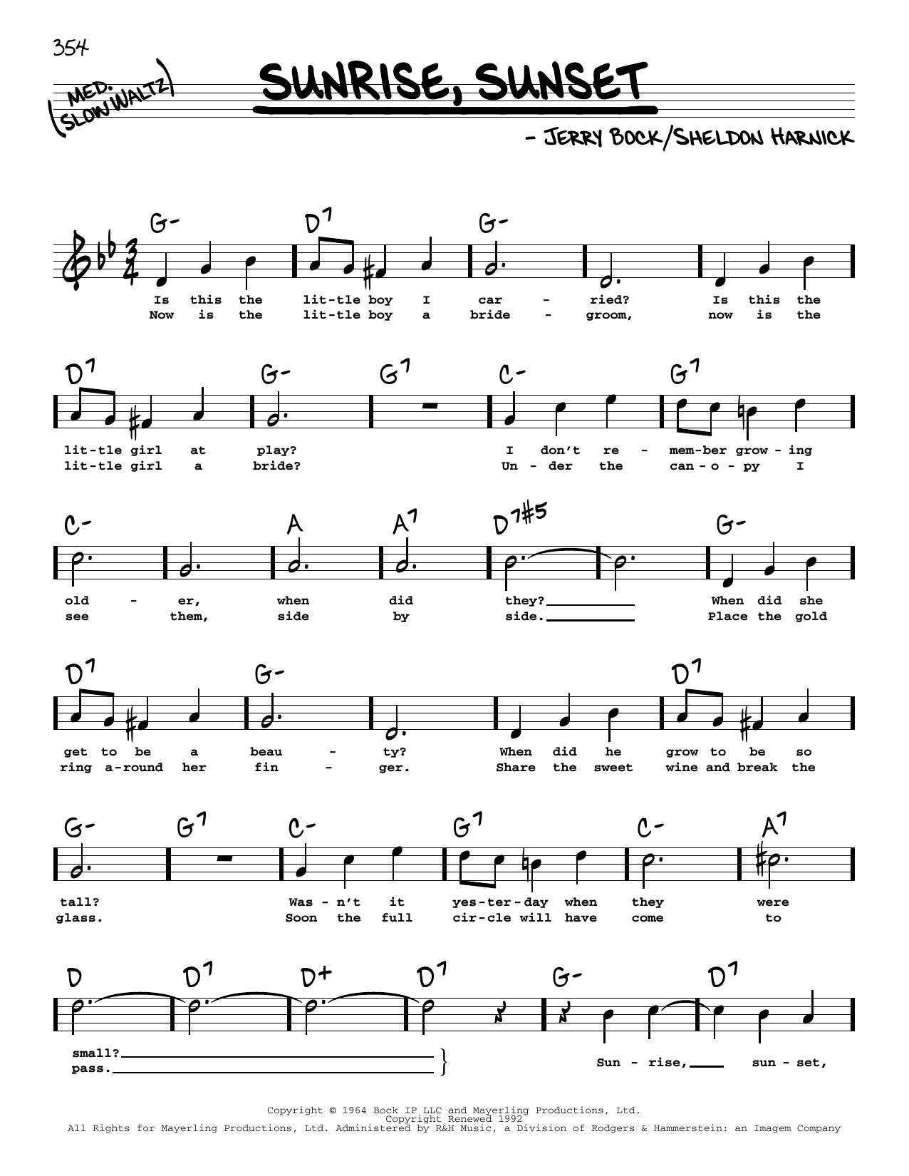 Download Bock & Harnick Sunrise, Sunset (from Fiddler On The Roof) (High Voice) Sheet Music and learn how to play Real Book – Melody, Lyrics & Chords PDF digital score in minutes