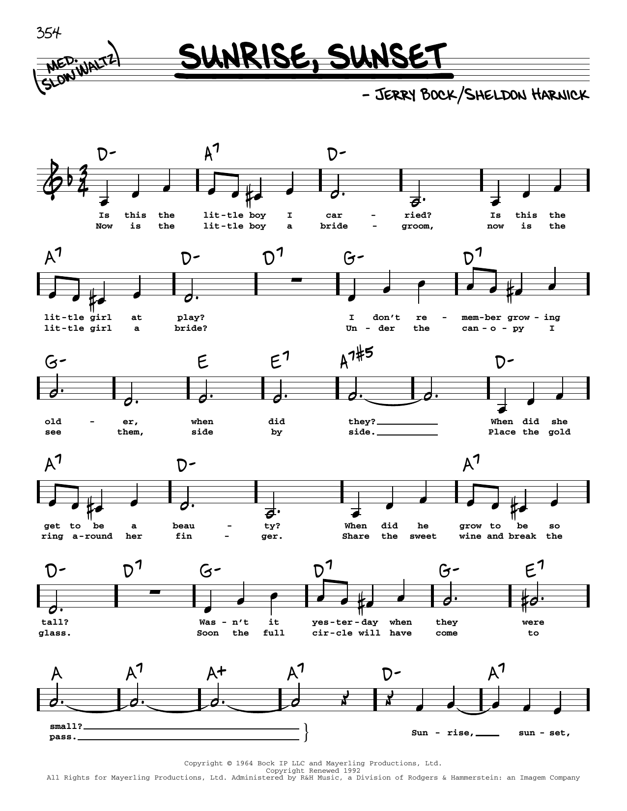 Download Bock & Harnick Sunrise, Sunset (from Fiddler On The Roof) (Low Voice) Sheet Music and learn how to play Real Book – Melody, Lyrics & Chords PDF digital score in minutes