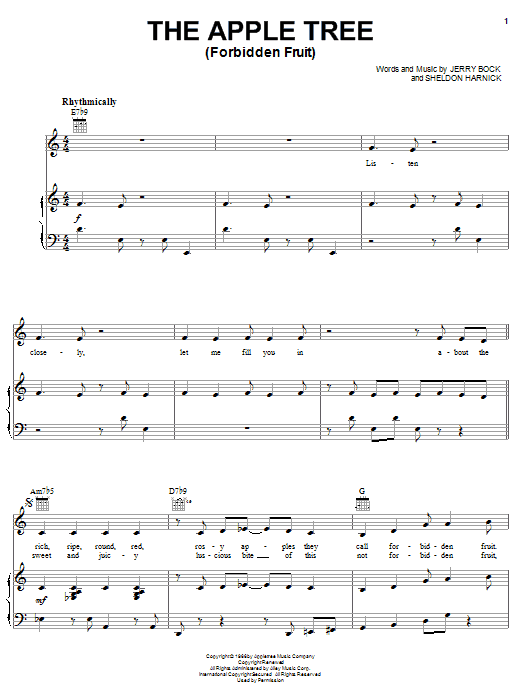 Download Bock & Harnick The Apple Tree (Forbidden Fruit) (from The Apple Tree) Sheet Music and learn how to play Piano, Vocal & Guitar Chords (Right-Hand Melody) PDF digital score in minutes
