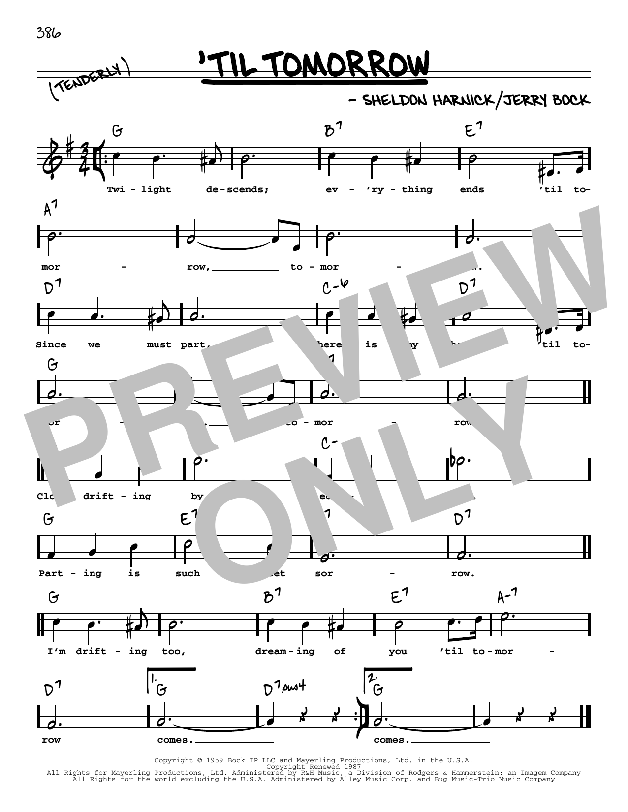 Download Bock & Harnick 'Til Tomorrow (High Voice) Sheet Music and learn how to play Real Book – Melody, Lyrics & Chords PDF digital score in minutes