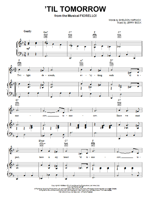 Download Jerry Bock 'Til Tomorrow (from Fiorello!) Sheet Music and learn how to play Piano, Vocal & Guitar (Right-Hand Melody) PDF digital score in minutes