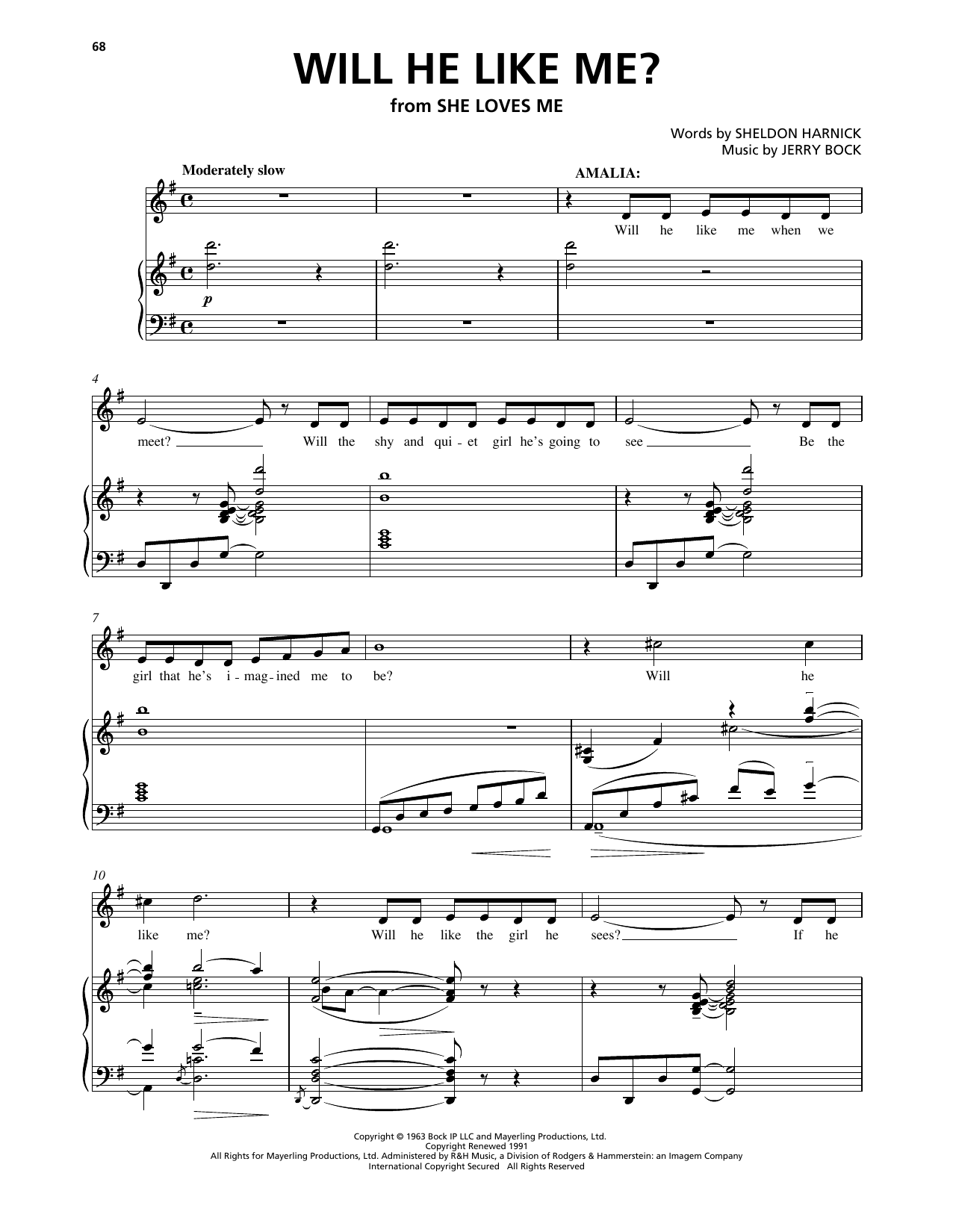Download Bock & Harnick Will He Like Me? (from She Loves Me) Sheet Music and learn how to play Piano, Vocal & Guitar Chords (Right-Hand Melody) PDF digital score in minutes