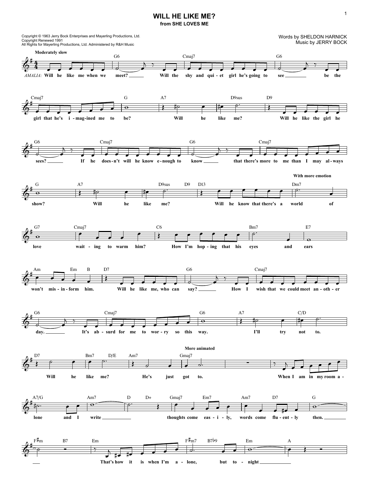 Download Bock & Harnick Will He Like Me? Sheet Music and learn how to play Melody Line, Lyrics & Chords PDF digital score in minutes