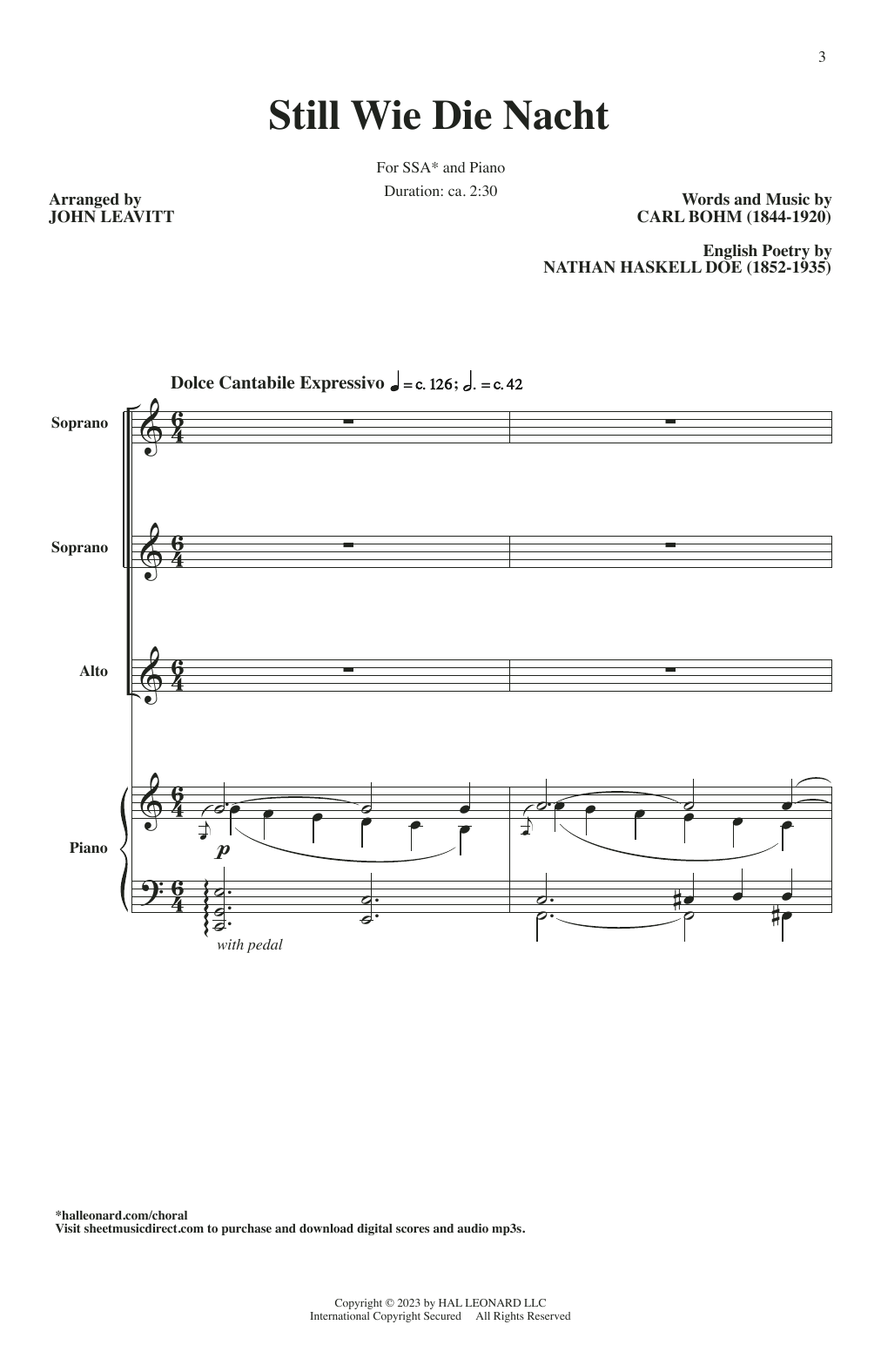 Download Bohm, Carl Still Wie Die Nacht (Calm As The Night) (arr. John Leavitt) Sheet Music and learn how to play SSA Choir PDF digital score in minutes
