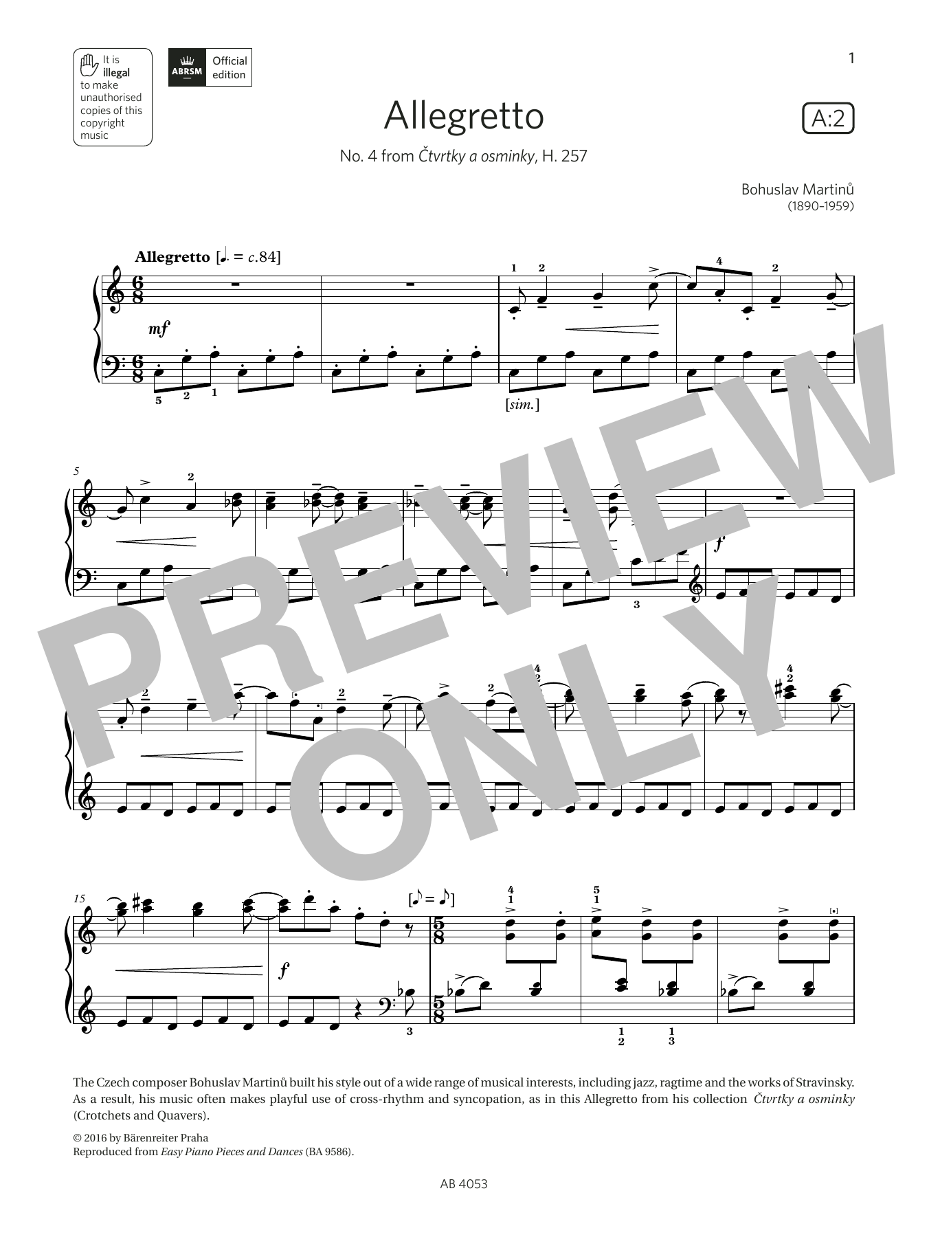 Download Bohuslav Martinu Allegretto (Grade 7, list A2, from the ABRSM Piano Syllabus 2023 & 2024) Sheet Music and learn how to play Piano Solo PDF digital score in minutes