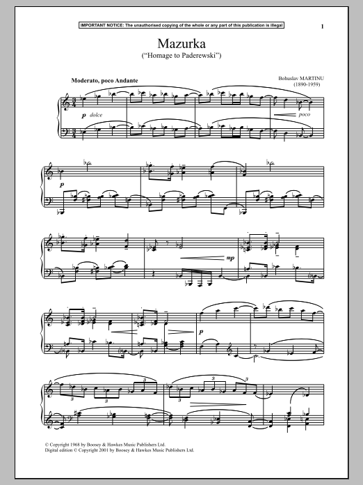 Download Bohuslav Martinu Mazurka, H284 (Homage To Paderewski) Sheet Music and learn how to play Piano PDF digital score in minutes