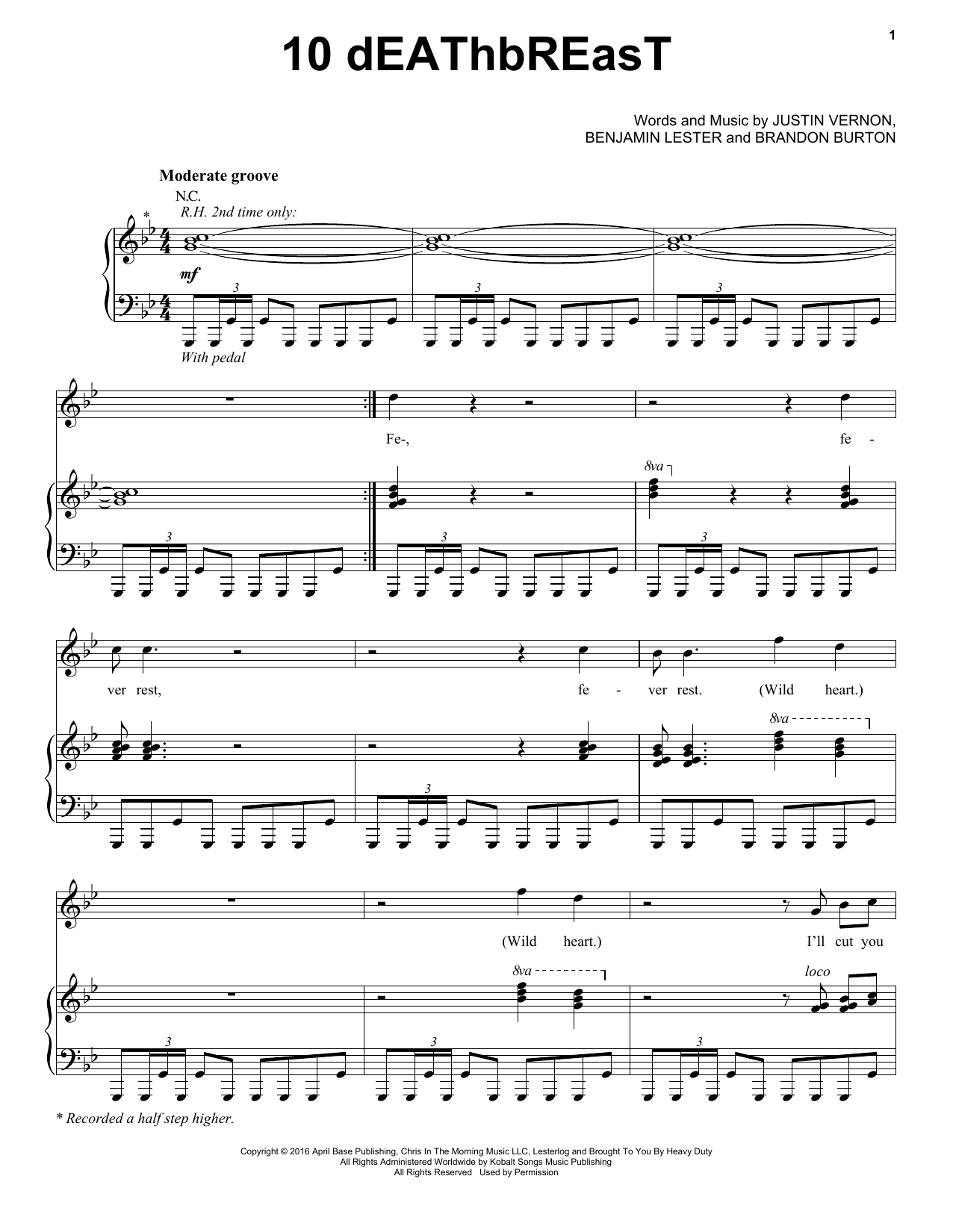 Download Bon Iver 10dEAThbREasT Sheet Music and learn how to play Piano, Vocal & Guitar Chords (Right-Hand Melody) PDF digital score in minutes