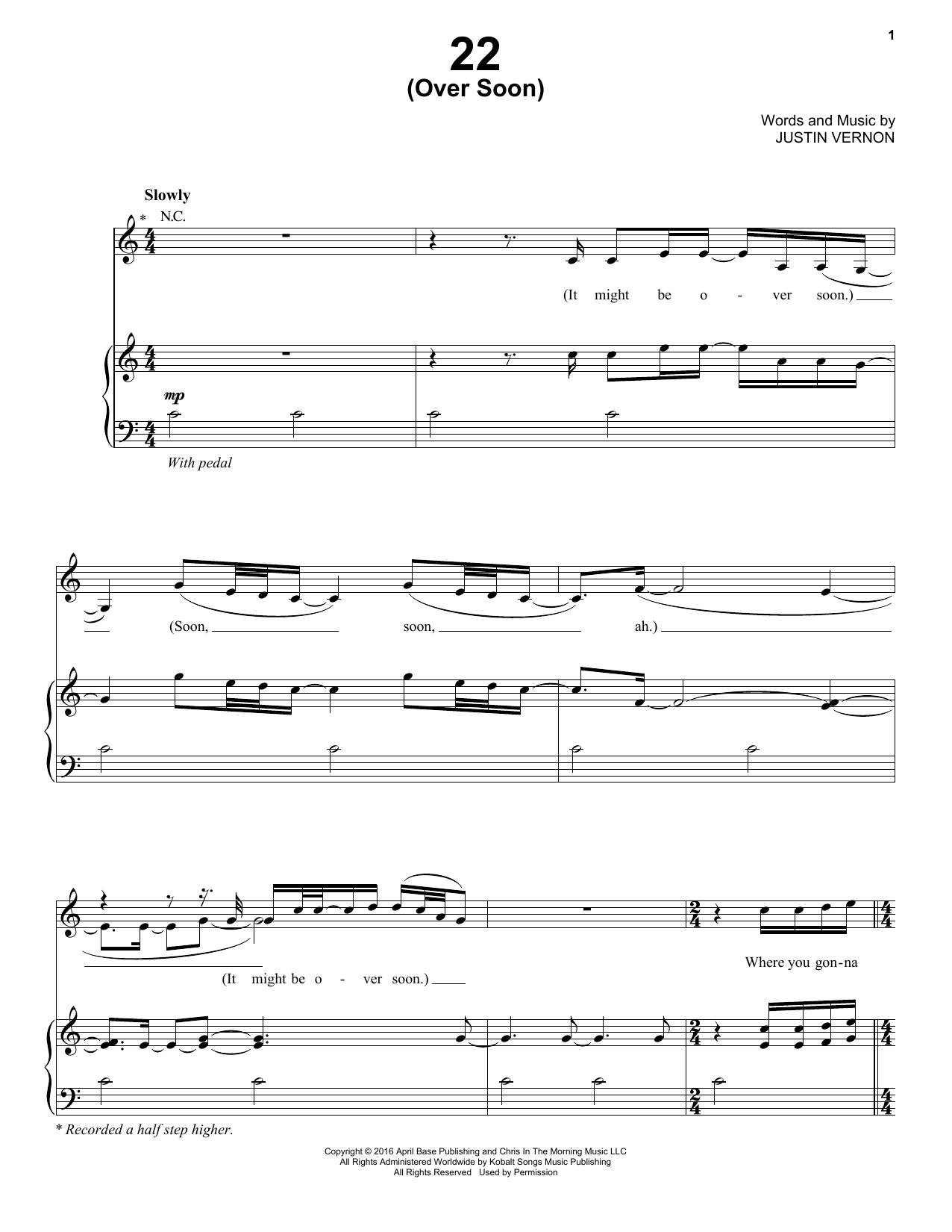Download Bon Iver 22 (Over Soon) Sheet Music and learn how to play Piano, Vocal & Guitar Chords (Right-Hand Melody) PDF digital score in minutes