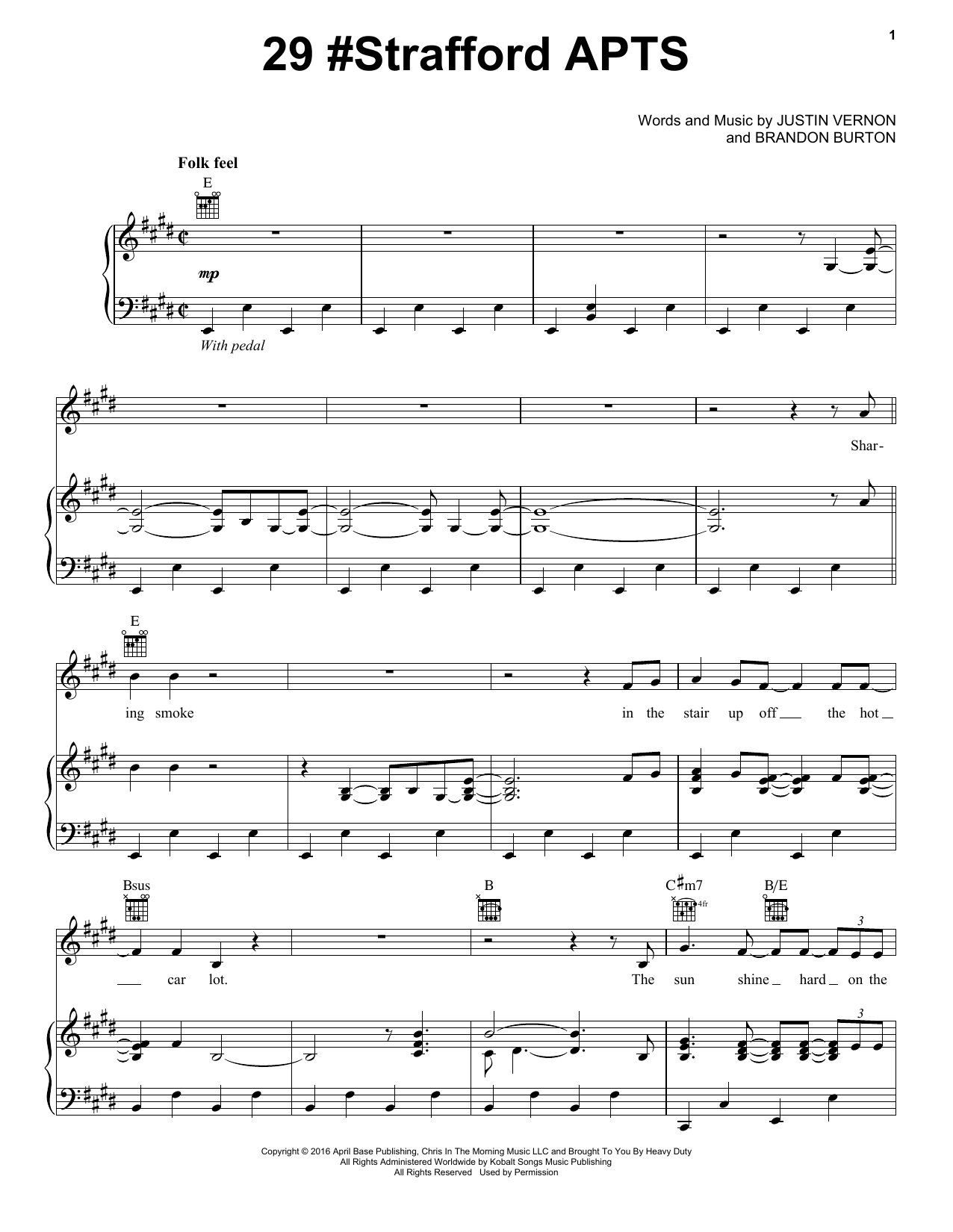 Download Bon Iver 29 #Strafford APTS Sheet Music and learn how to play Piano, Vocal & Guitar Chords (Right-Hand Melody) PDF digital score in minutes